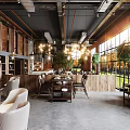 Modern Hot Pot Restaurant Interior With Dining Tables Chairs Hanging Lights And Green Plants