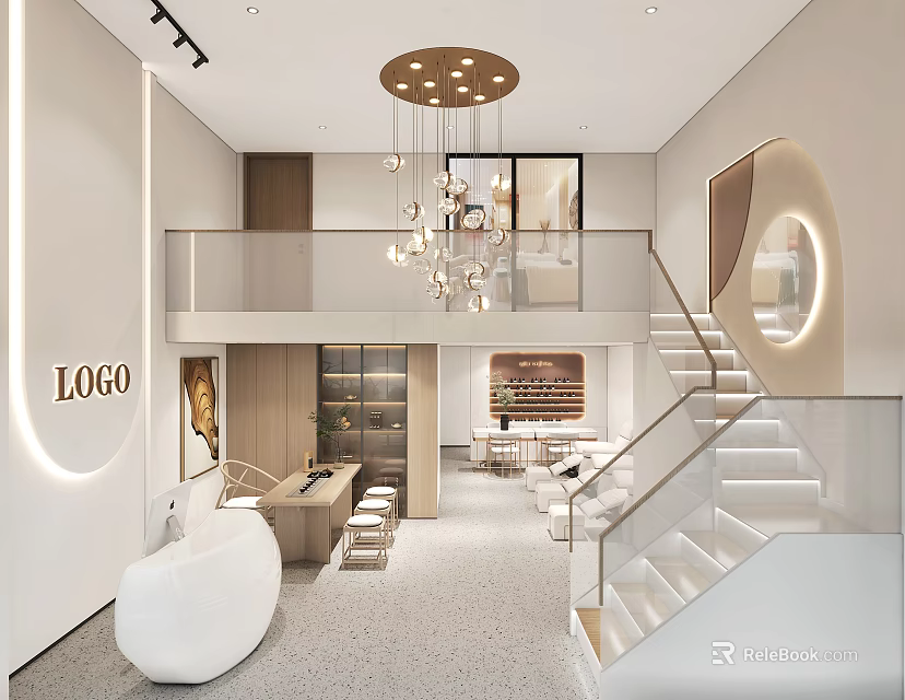 Modern Elegant Beauty Salon Interior With White Reception Desk And Staircase 3d model 