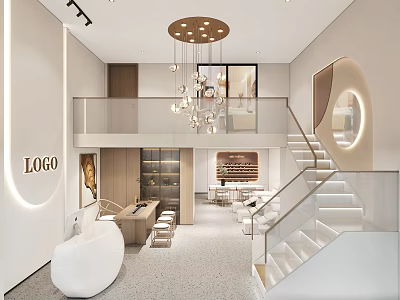 Modern Elegant Beauty Salon Interior With White Reception Desk And Staircase 3d model