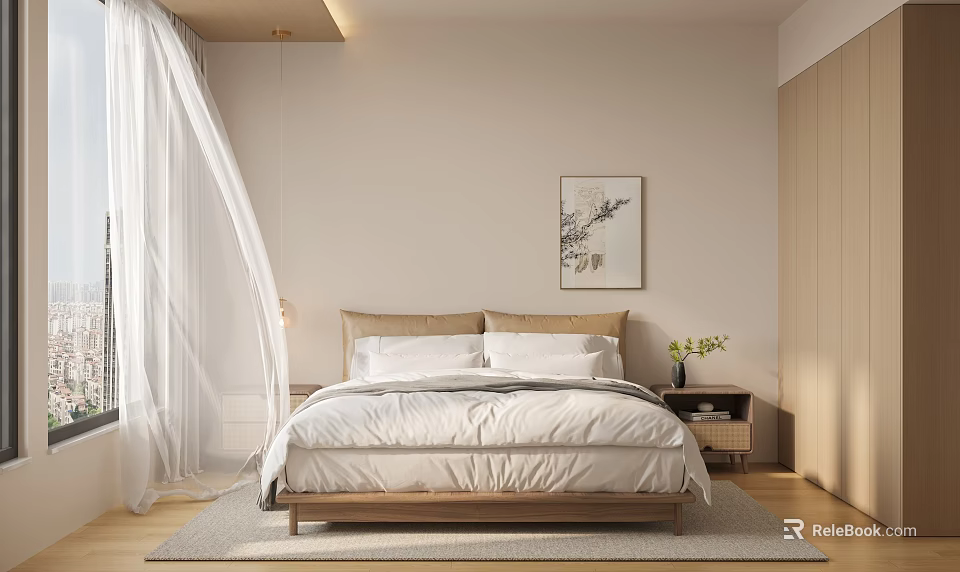 Modern Bedroom Interior With Wooden Bed Frame White Sheets Curtain Decorative Painting And Green Plant 3d model 