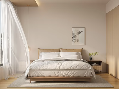 Modern Bedroom Interior With Wooden Bed Frame White Sheets Curtain Decorative Painting And Green Plant 3d model