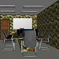 Conference Room With Camouflage Walls Long Table Chairs Cabinets Computer And Projector Screen