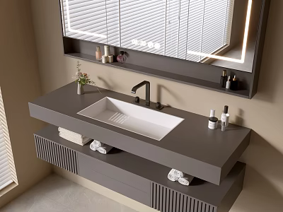 Sleek Modern Bathroom Vanity With Gray Countertop White Sink Faucet Mirror Storage And Toiletries 3d model