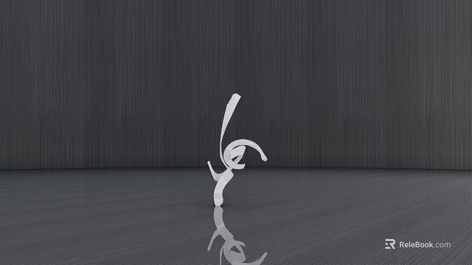 White Sculpture In Dynamic Pose With Fluid Curves On Dark Wooden Wall Smooth Dark Floor 3d model 