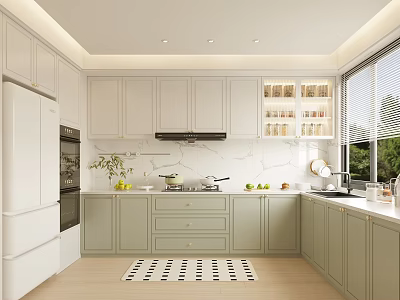 Light Green Kitchen Interior With Marble Countertop Cabinets Refrigerator Window Blinds And Checkerboard Rug 3d model
