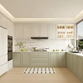 Light Green Kitchen Interior With Marble Countertop Cabinets Refrigerator Window Blinds And Checkerboard Rug