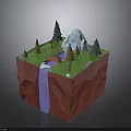 Miniature 3D Scene with Red Base Mountain Trees Waterfall and Bridge
