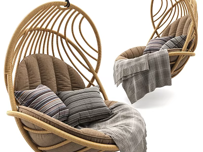Cozy Rattan Hanging Chair With Brown Cushion Striped Pillows And Gray Blanket 3d model