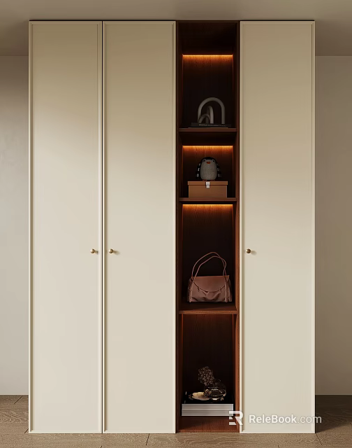 Elegant Modern Wardrobe With Double Doors Golden Handles LED Lighting And Shelves For Handbags 3d model 