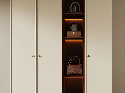 Elegant Modern Wardrobe With Double Doors Golden Handles LED Lighting And Shelves For Handbags 3d model