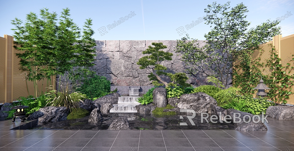 Modern courtyard rockery falling waterscape courtyard garden sketch model