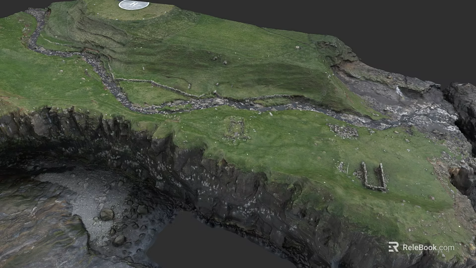 Garden Landscape Featuring Green Grass Winding Stream Rocky Cliffs And Ancient Stone Walls 3d model 