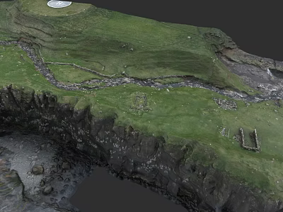 Garden Landscape Featuring Green Grass Winding Stream Rocky Cliffs And Ancient Stone Walls 3d model