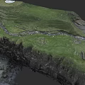 Garden Landscape Featuring Green Grass Winding Stream Rocky Cliffs And Ancient Stone Walls