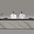 Modern Front Desk Reception Interior With Marble Countertop Staff Computers And Green Plant