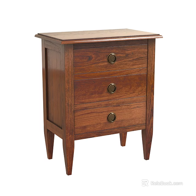 Wooden Bedside Table With Three Drawers And Round Metal Knobs 3d model 