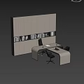 Modern Office Desk With Curved Design Black Chairs And Bookshelves Filled With Books Decorative Items