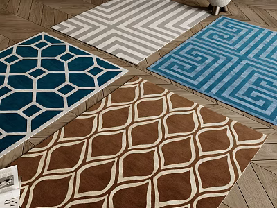 Square Rugs With Geometric Striped Wave And Greek Key Patterns On Wooden Floor 3d model