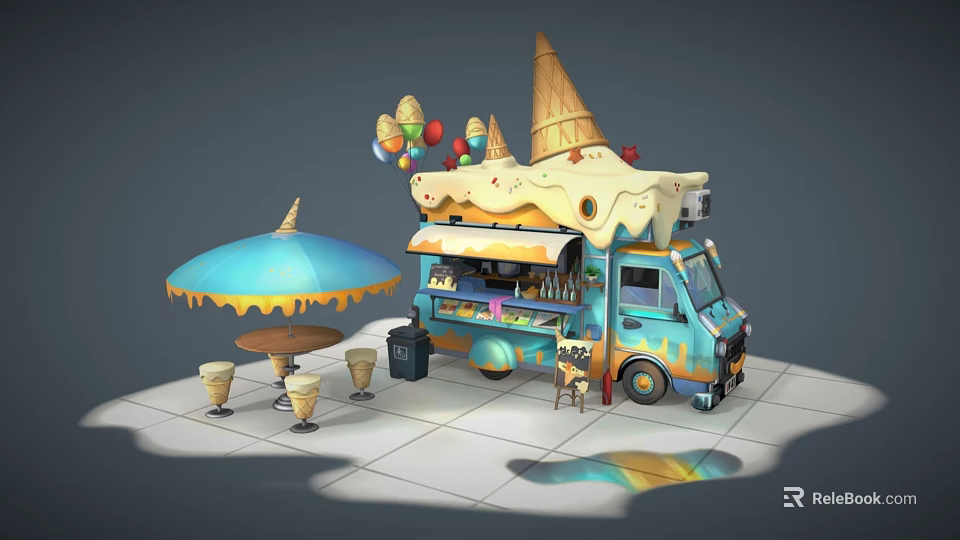 Cartoon Ice Cream Truck Scene With Colorful Umbrella Tables Chairs And Balloons 3d model 