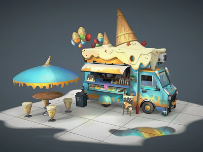 Cartoon Ice Cream Truck Scene With Colorful Umbrella Tables Chairs And Balloons 3d model