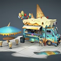 Cartoon Ice Cream Truck Scene With Colorful Umbrella Tables Chairs And Balloons