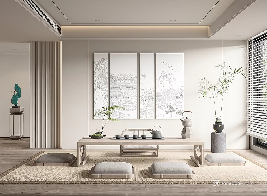 Minimalist Tea Room Interior With Wooden Tea Table Floor Cushions Hanging Paintings And Green Plants 3d model 