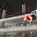 Modern Metallic Pendant Chandelier with Red Accents in Multi Level Shopping Mall Atrium