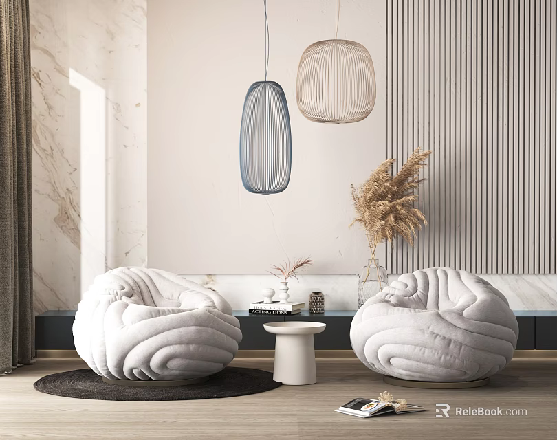 Cozy White Bean Bag Chairs In Modern Interior With Pendant Lights Small Table Dried Plants 3d model 