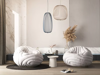 Cozy White Bean Bag Chairs In Modern Interior With Pendant Lights Small Table Dried Plants 3d model