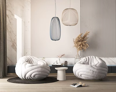 Cozy White Bean Bag Chairs In Modern Interior With Pendant Lights Small Table Dried Plants 3d model