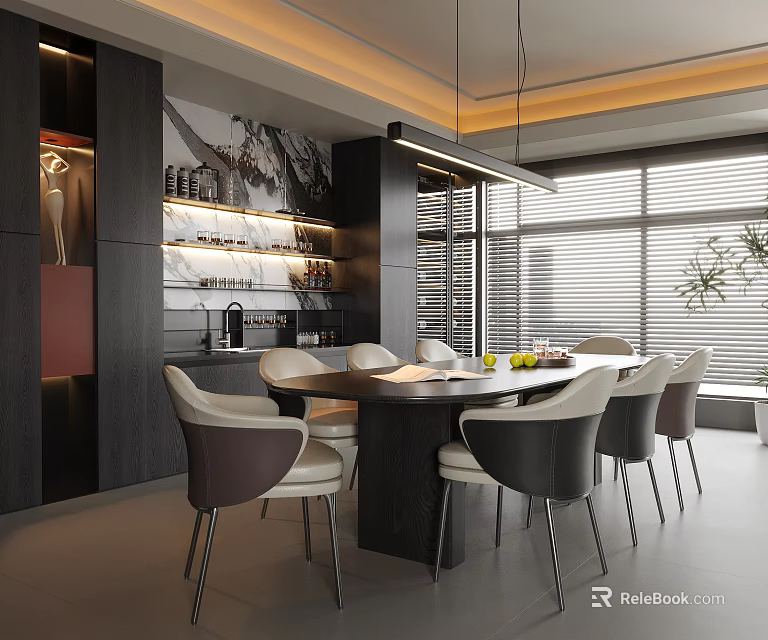Modern Restaurant Interior With Dining Table Chairs Pendant Lights And Large Windows 3d model 