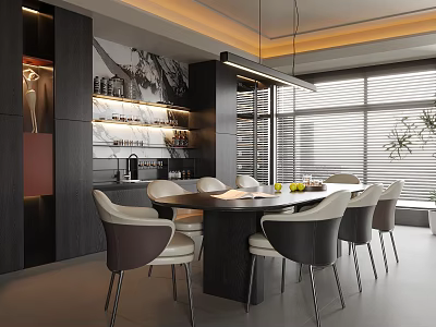 Modern Restaurant Interior With Dining Table Chairs Pendant Lights And Large Windows 3d model