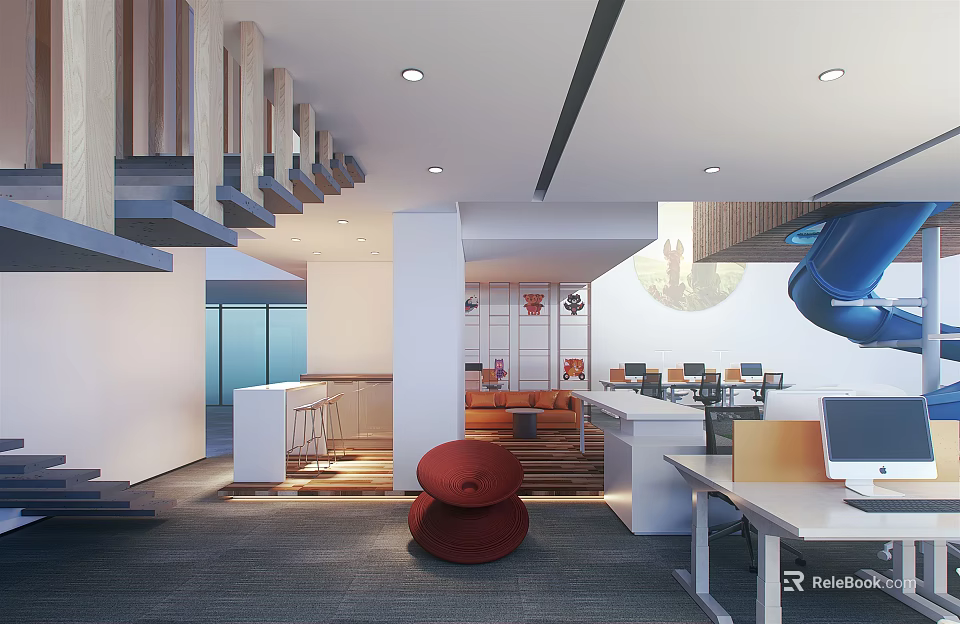 Modern Public Office Space With Open Layout Functional Furniture And Red Accent Seating 3d model 