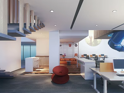 Modern Public Office Space With Open Layout Functional Furniture And Red Accent Seating 3d model