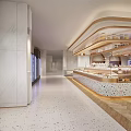 Modern Restaurant Interior With Long Display Counter Glass Refrigerators And Terrazzo Flooring