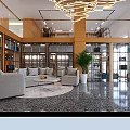 Modern Luxury Retail Store Lobby With Front Desk Sofa Chandelier Green Plant And Marble Floor