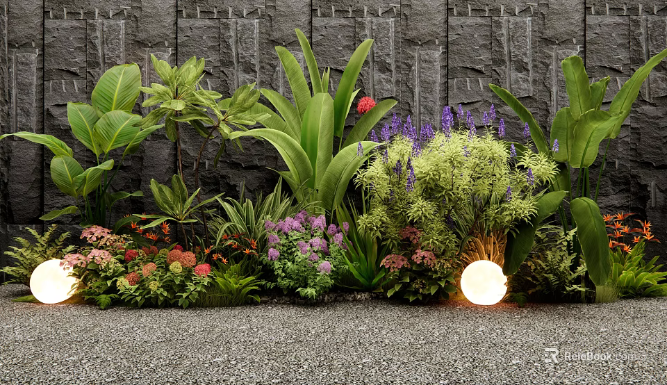 Vibrant Flowers And Green Plants With Red Purple Blooms By Stone Wall And Round Light 3d model 