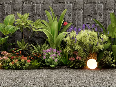 Vibrant Flowers And Green Plants With Red Purple Blooms By Stone Wall And Round Light 3d model