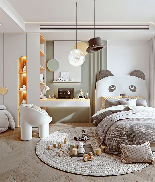 Cozy Kids Room With Panda Shaped Headboard Soft Tones Pendant Lights Study Desk And Toys 3d model 