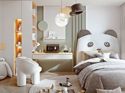 Cozy Kids Room With Panda Shaped Headboard Soft Tones Pendant Lights Study Desk And Toys 3d model
