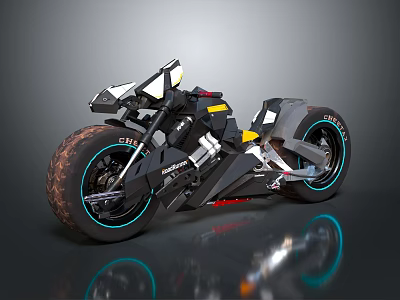 Futuristic Motorcycle with Sleek Black Reflective Body Yellow Accents Thick Tires Blue LED Wheel Lights 3d model