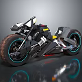 Futuristic Motorcycle with Sleek Black Reflective Body Yellow Accents Thick Tires Blue LED Wheel Lights