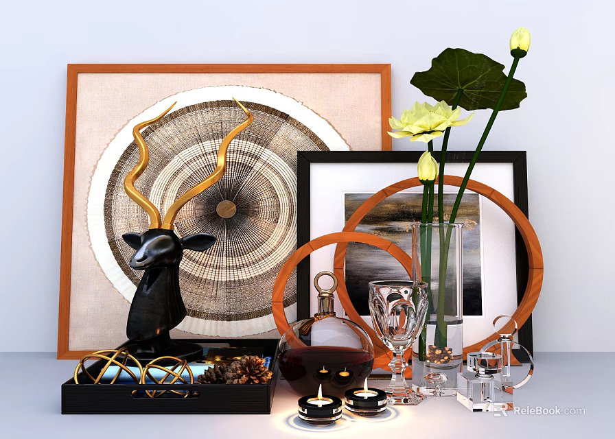 Decorative Ornament Set With Black Deer Head Circular Frames Vase And Lotus Flower 3d model 