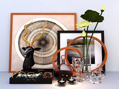 Decorative Ornament Set With Black Deer Head Circular Frames Vase And Lotus Flower 3d model