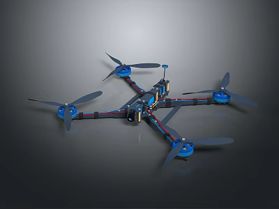 Drone Frame With Blue Propellers Motors And Aerial Structure Design 3d model