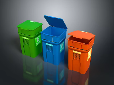 Colorful Household Trash Bins For Waste Sorting With Green Blue Orange Lids 3d model