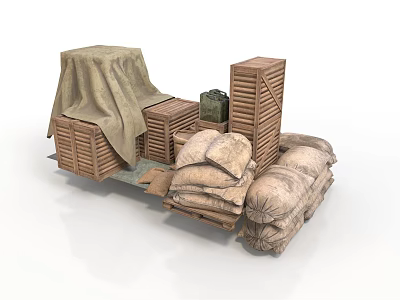 Stacked Wooden Crates Canvas Covered Goods And Burlap Sacks 3d model
