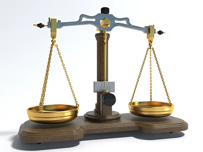 Traditional Household Balance Scale With Symmetric Golden Trays And Wooden Base 3d model