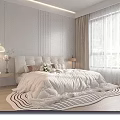 Modern Bedroom With Large Bed Wardrobe Nightstand Ceiling Lamp Rug And Vertical Stripe Wall