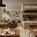 Cozy Coffee House Interior Featuring Wooden Tables Brown Chairs Bar Counter And Hanging Lamps